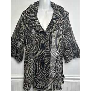 Damee Inc. Cheetah Stand Up Collar Puckered Button Tunic Top S Mesh 3/4 Sleeve